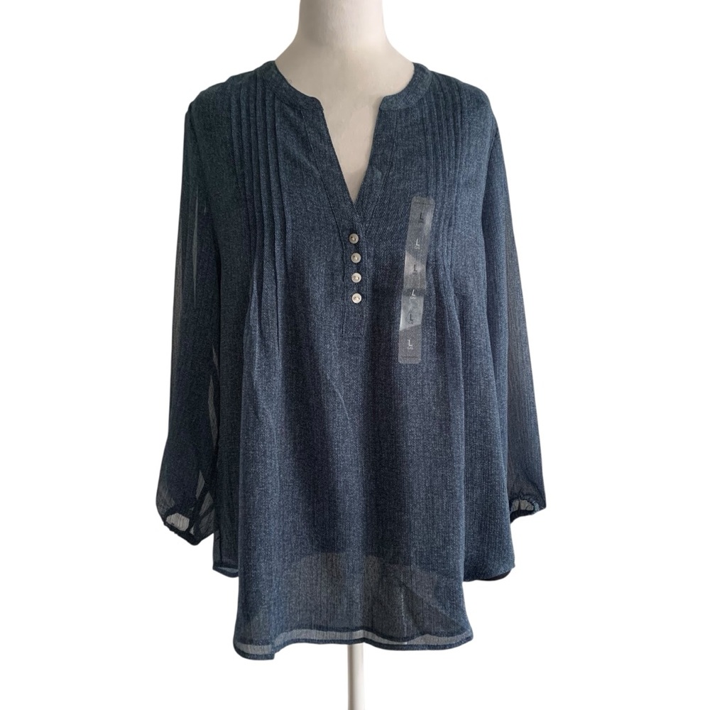 NWT Tommy Hilfiger Large Women's Blue Button Detail Pleated Asheville Tunic Top